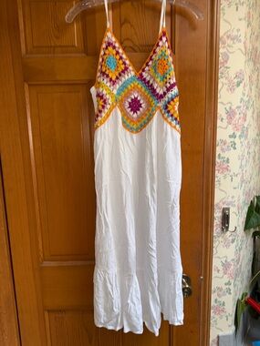 White Maxi Dress with Colorful Crochet Bodice